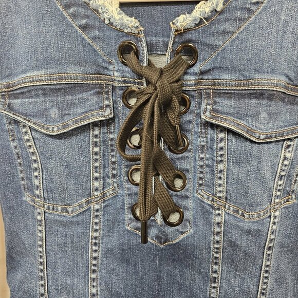 Calvin Klein Blue Denim Dress Lace Up Mini Boho Size S - Picture 3 of 12